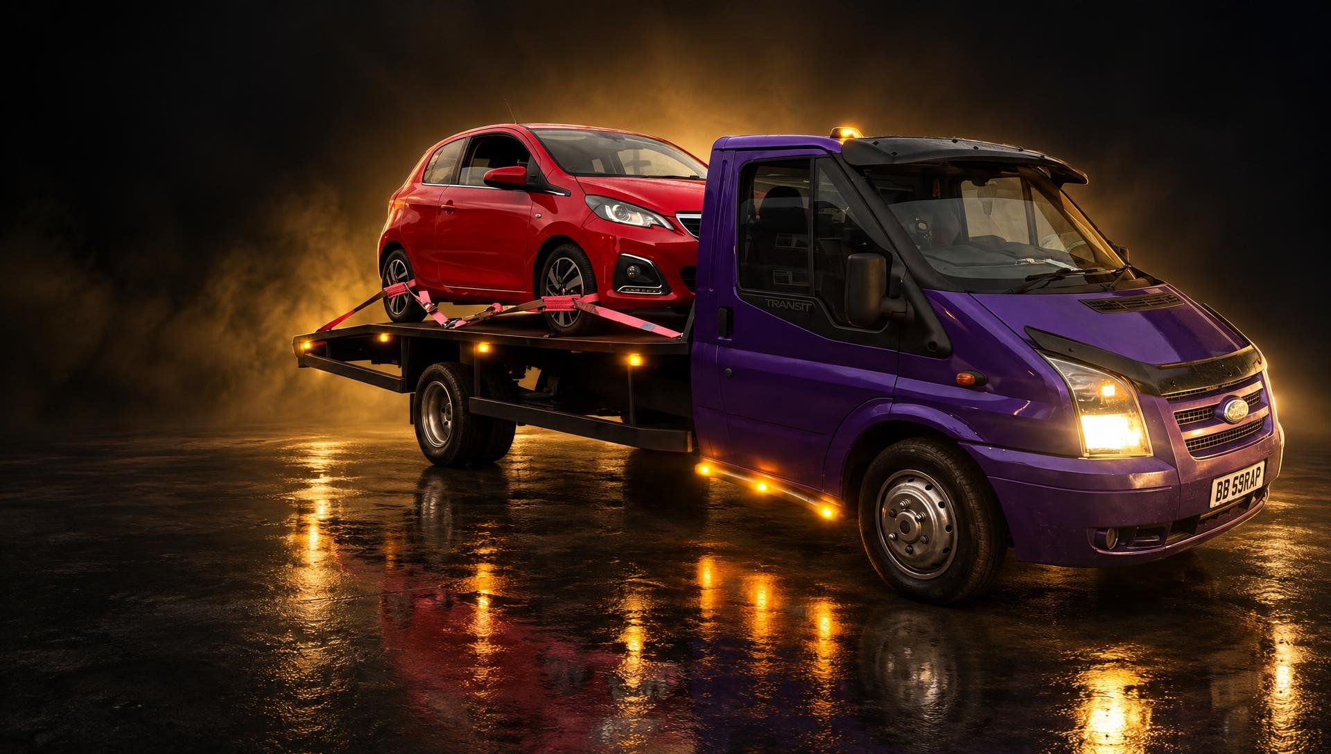 BB's own purple recovery truck with a red hatchback strapped on the flatbed